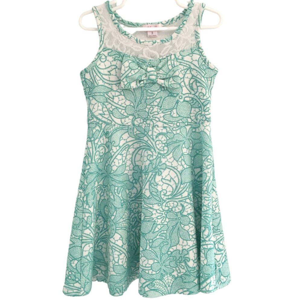 UNIK Paisley Floral Print Party Easter Dress Front bow Lace yoke Teal White SZ 5
